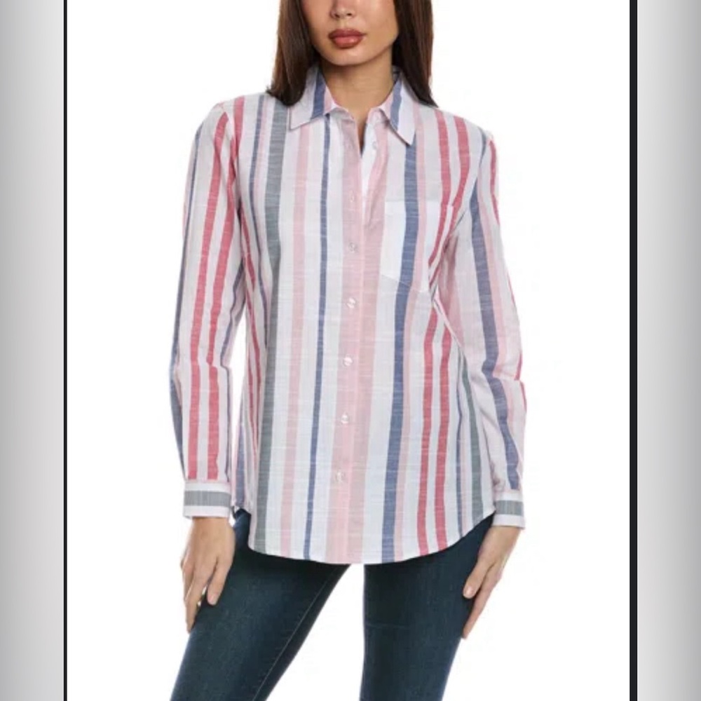 Jones New York Stripe Cotton Linen Button-Up Top Pacific Navy Multi NWT PETITE L